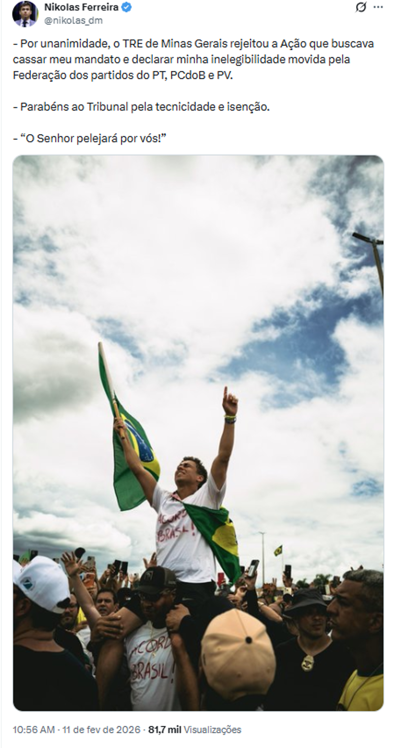 Postagem do deputado Nikolas Ferreira.