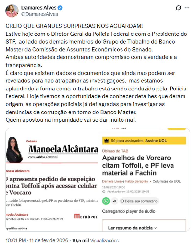 Publicação da senadora Damares Alves. 