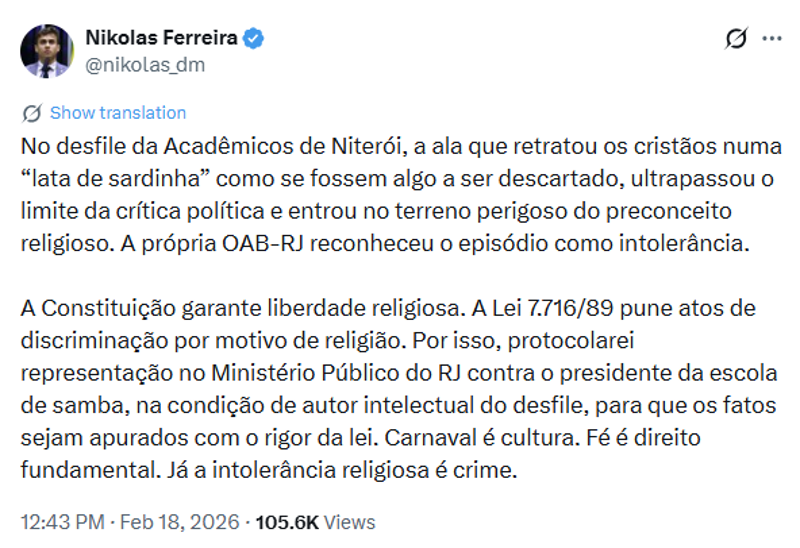 Publicação de Nikolas Ferreira no X.