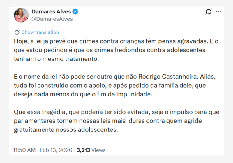 Publicação de Damares nas redes sociais.