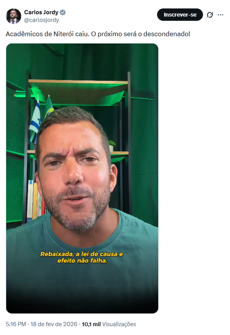 Publicação do deputado Carlos Jordy.