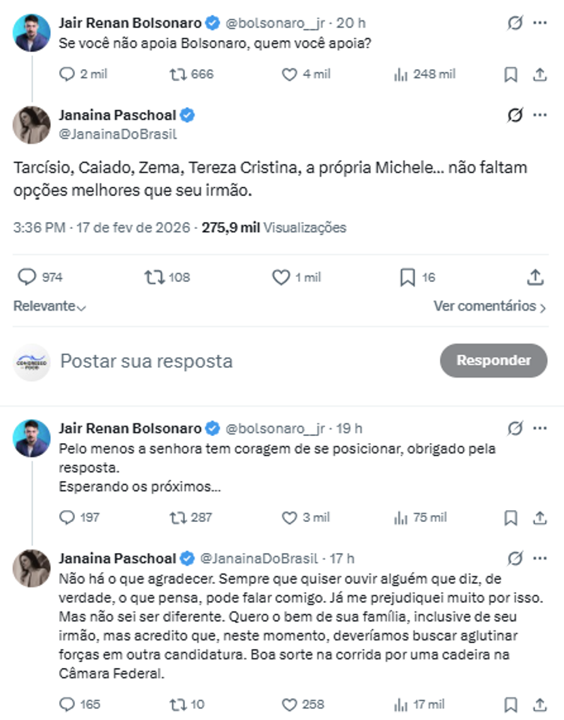Janaína Paschoal e Jair Renan trocaram mensagens pelo X