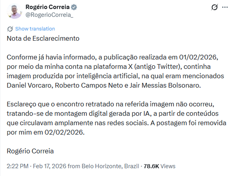 Publicação de Rogério Correia  no X.