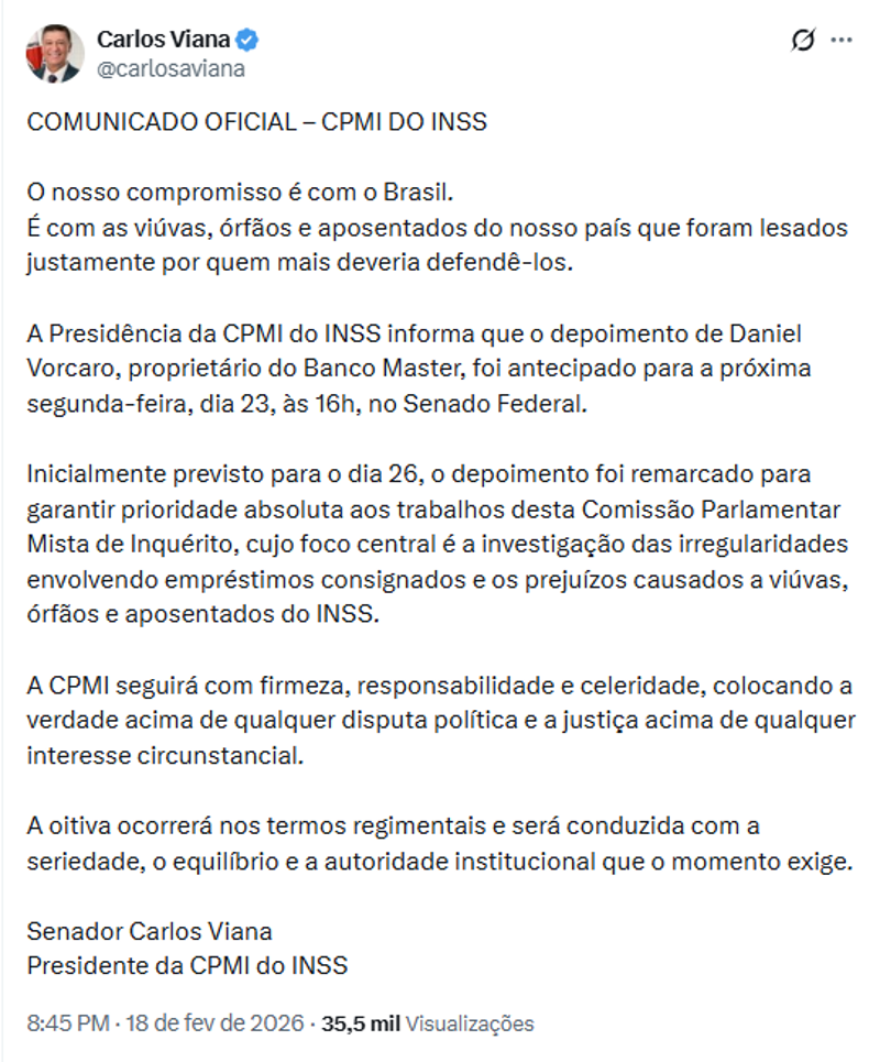 Publicação do senador Carlos Viana. 