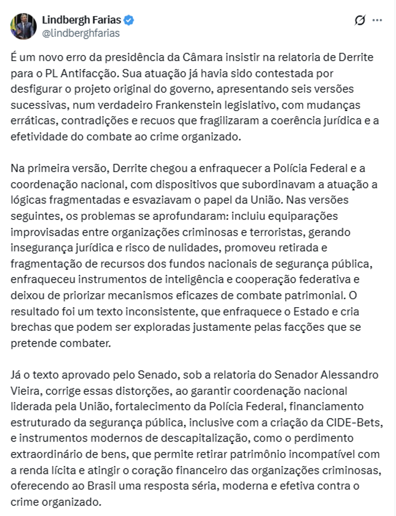 Publicação do deputado Lindbergh Farias de 19 de fevereiro. 