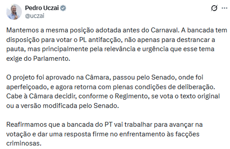 Publicação do deputado Pedro Uczai de 19 de fevereiro. 