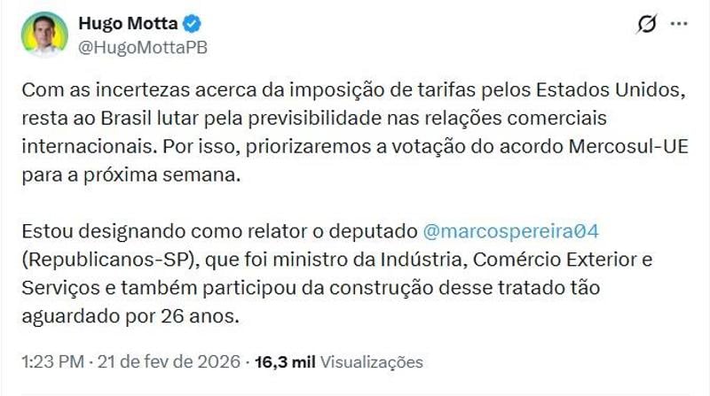 Publicação do presidente da Câmara dos Deputados Hugo Motta.