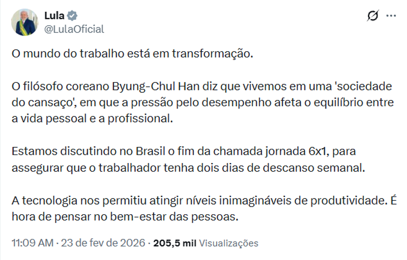 Lula afirmou estar discutindo fim da 6x1. 