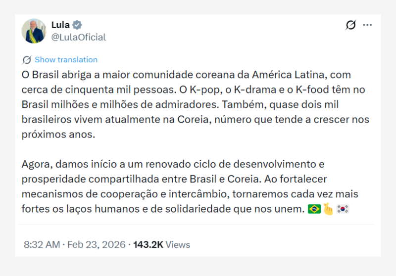 Publicação de Lula nas redes sociais.