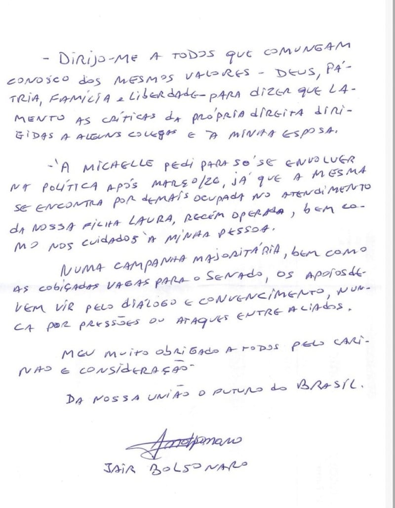 Carta assinada por Bolsonaro divulgada pela assessoria de Michelle neste domingo.