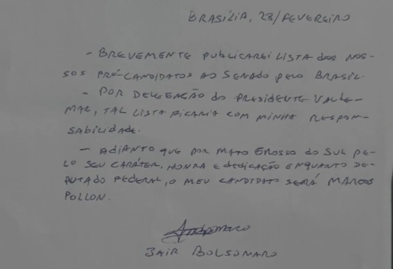Carta assinada por Bolsonaro divulgada por Michelle no sábado.