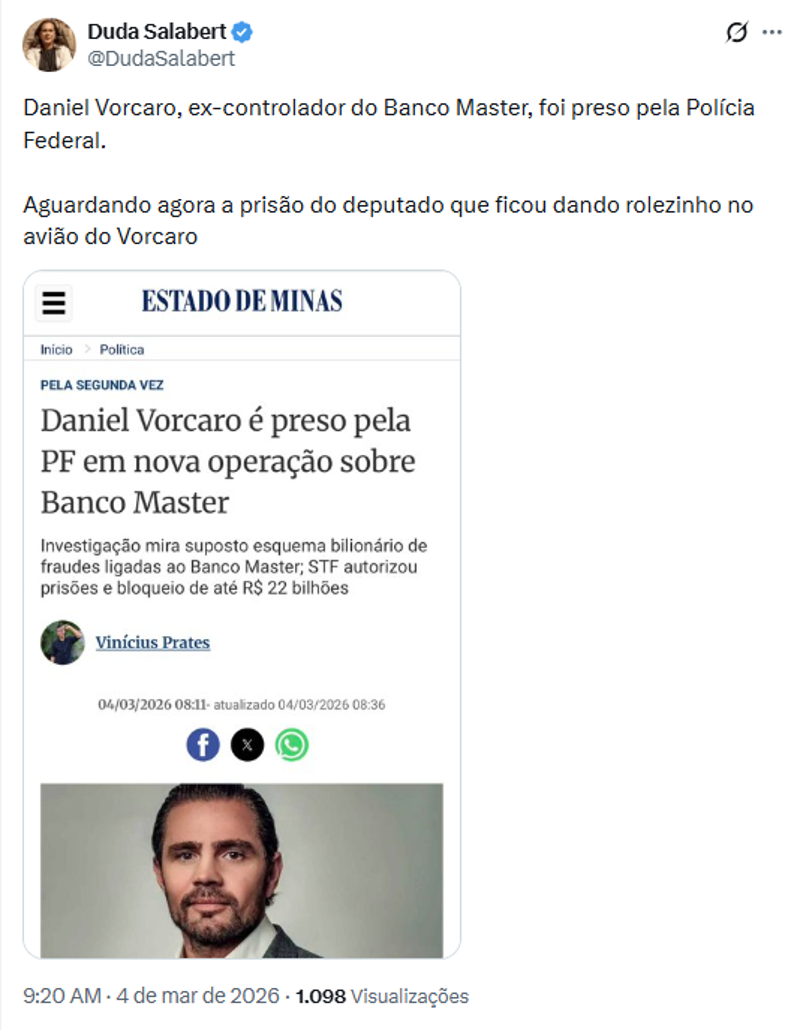 Publicação da deputada Duda Salabert. 