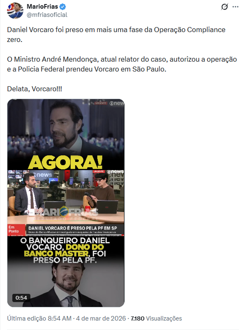 Publicação do deputado Mario Frias. 