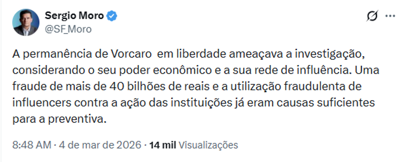 Publicação do senador Sergio Moro. 