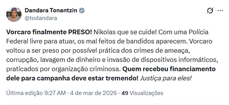 Publicação da deputada Dandara Tonantzin. 