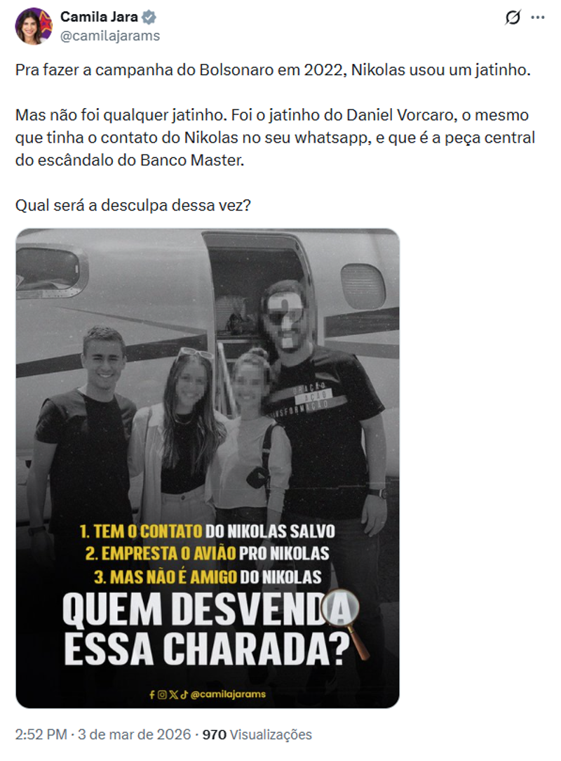 Publicação da deputada Camila Jara. 