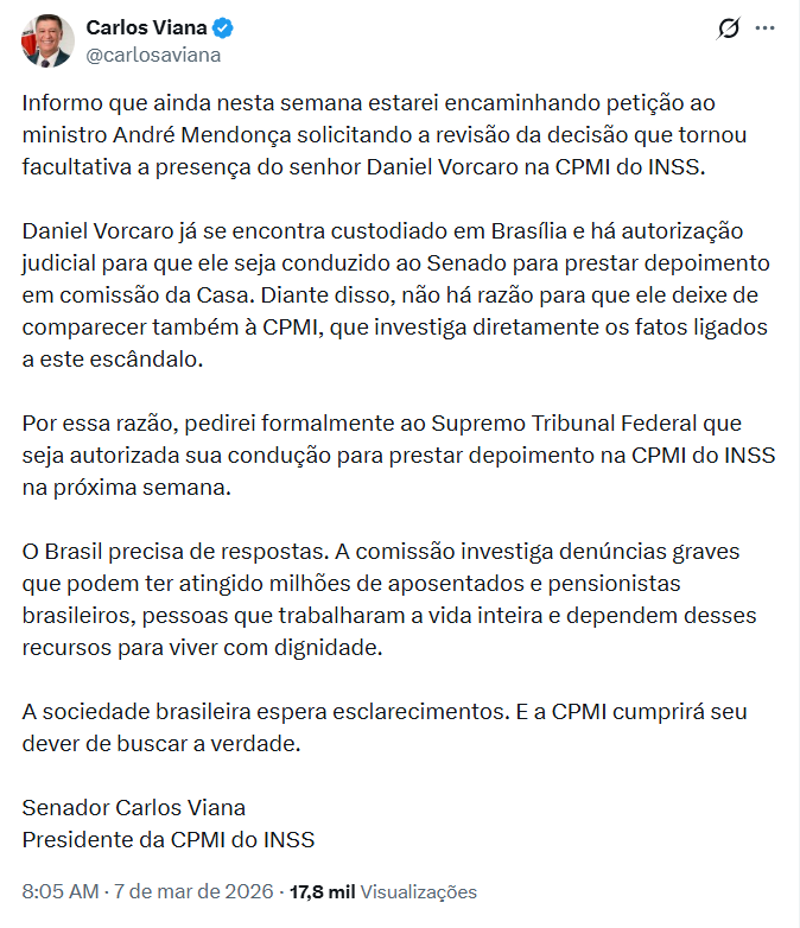 Publicação do senador Carlos Viana.