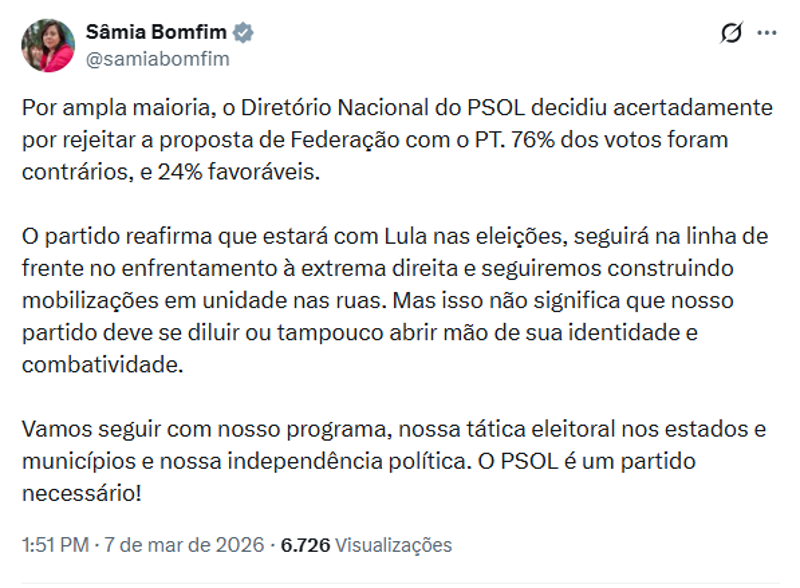 Publicação da deputada Sâmia Bomfim.