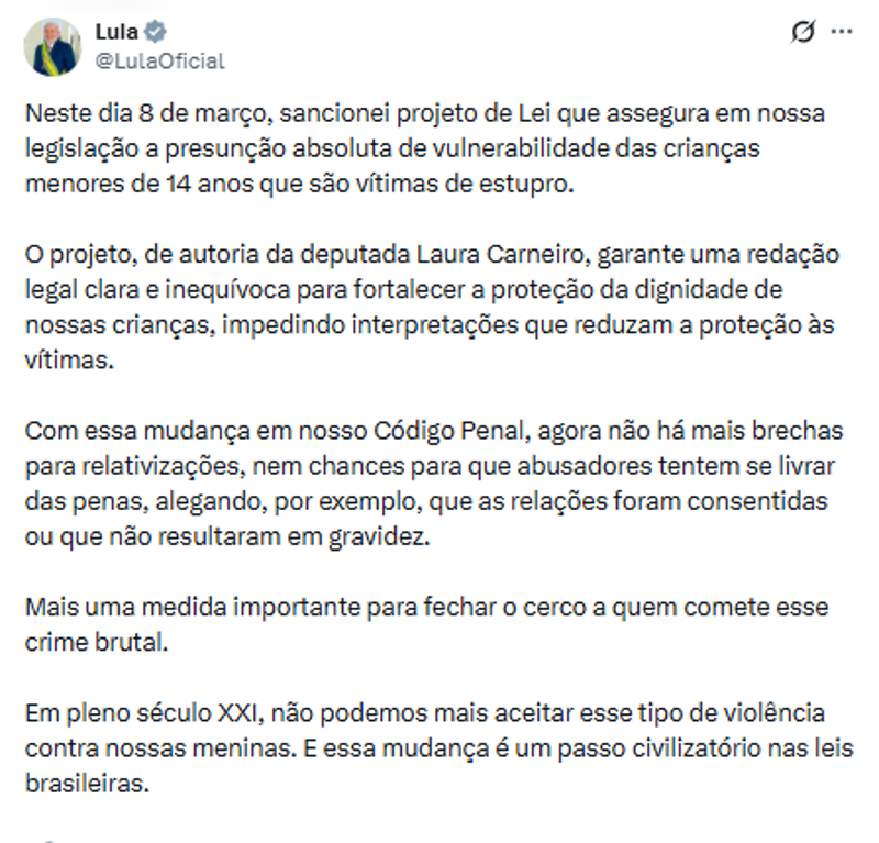 Publicação do presidente Lula.