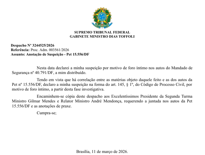Despacho em que Toffoli abre mão de julgar pedido sobre prisão de Vorcaro.