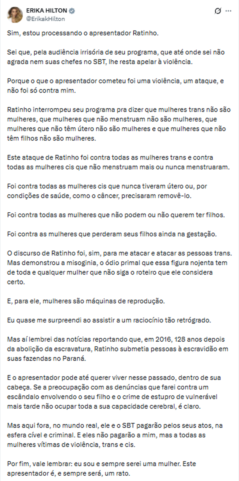 Publicação da deputada Erika Hilton.