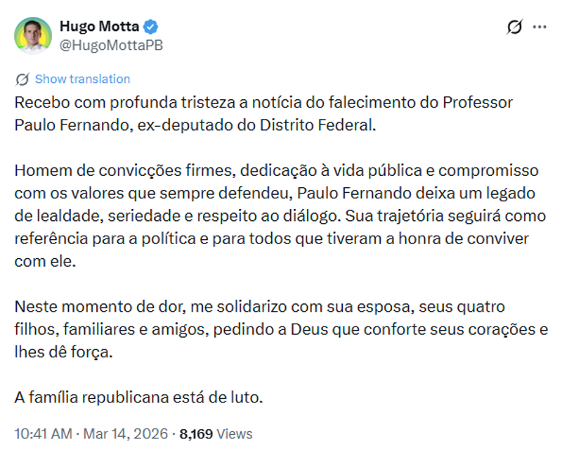 Publicação de Hugo Motta nas redes sociais.