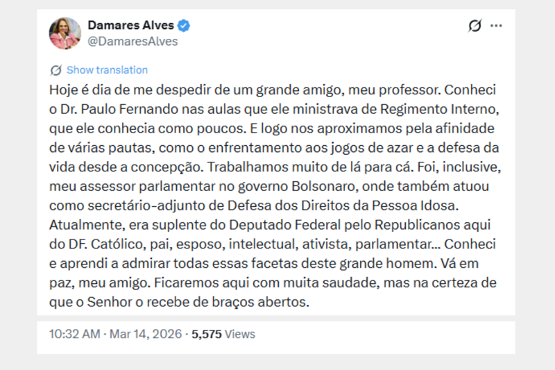 Publicação de Damares Alves nas redes sociais.