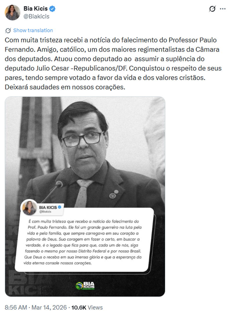 Publicação de Bia Kicis nas redes sociais.