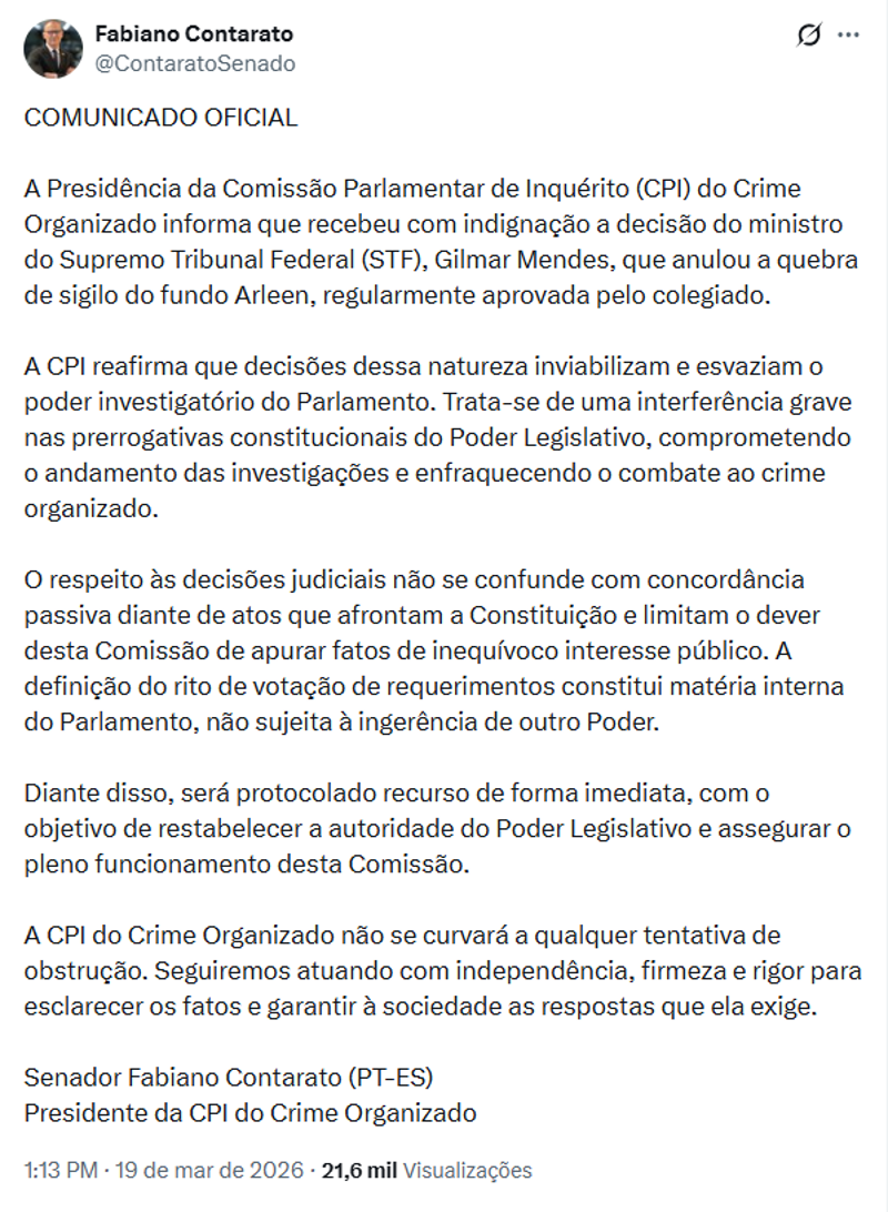 Nota do senador Fabiano Contarato, presidente da CPI do Crime Organizado.