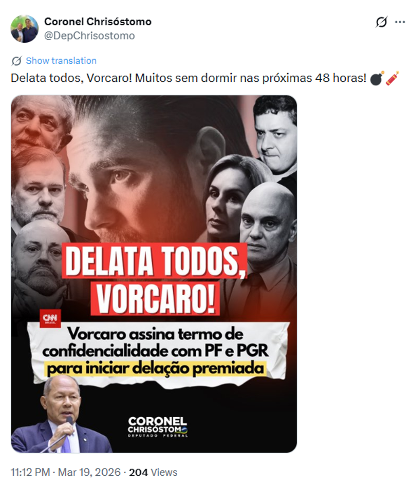 Publicação do deputado Coronel Chrisóstomo.