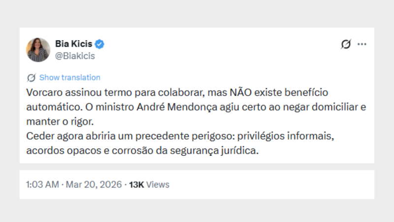 Publicação da deputada Bia Kicis.