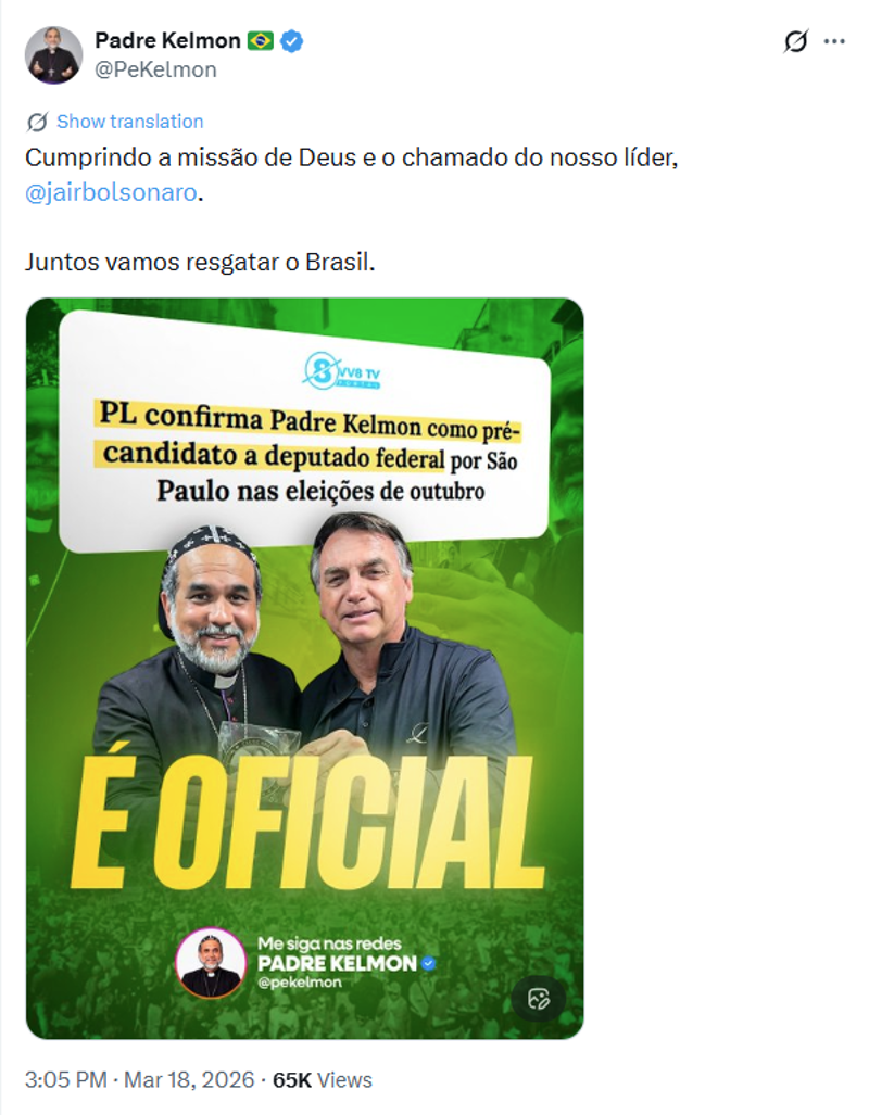 Publicação do Padre Kelmon no X.