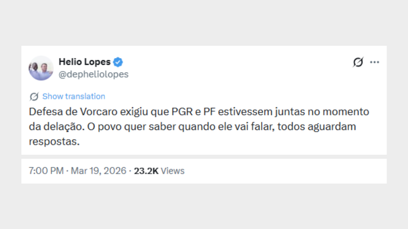 Publicação do deputado Hélio Lopes.