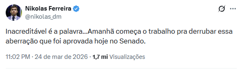 Postagem do deputado Nikolas Ferreira.