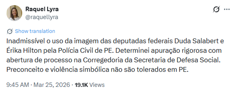 Publicação de Raquel Lyra nas redes sociais.