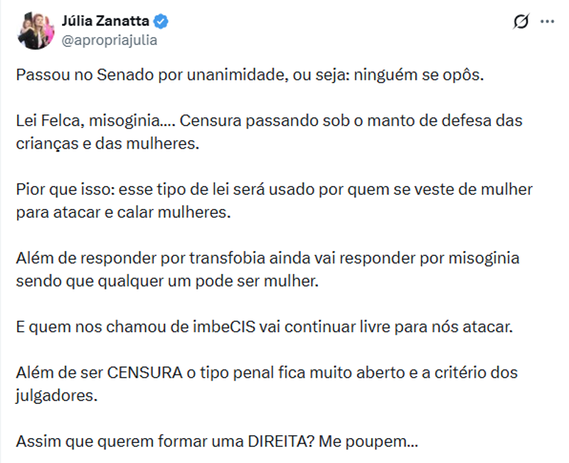 Postagem da deputada Júlia Zanatta.