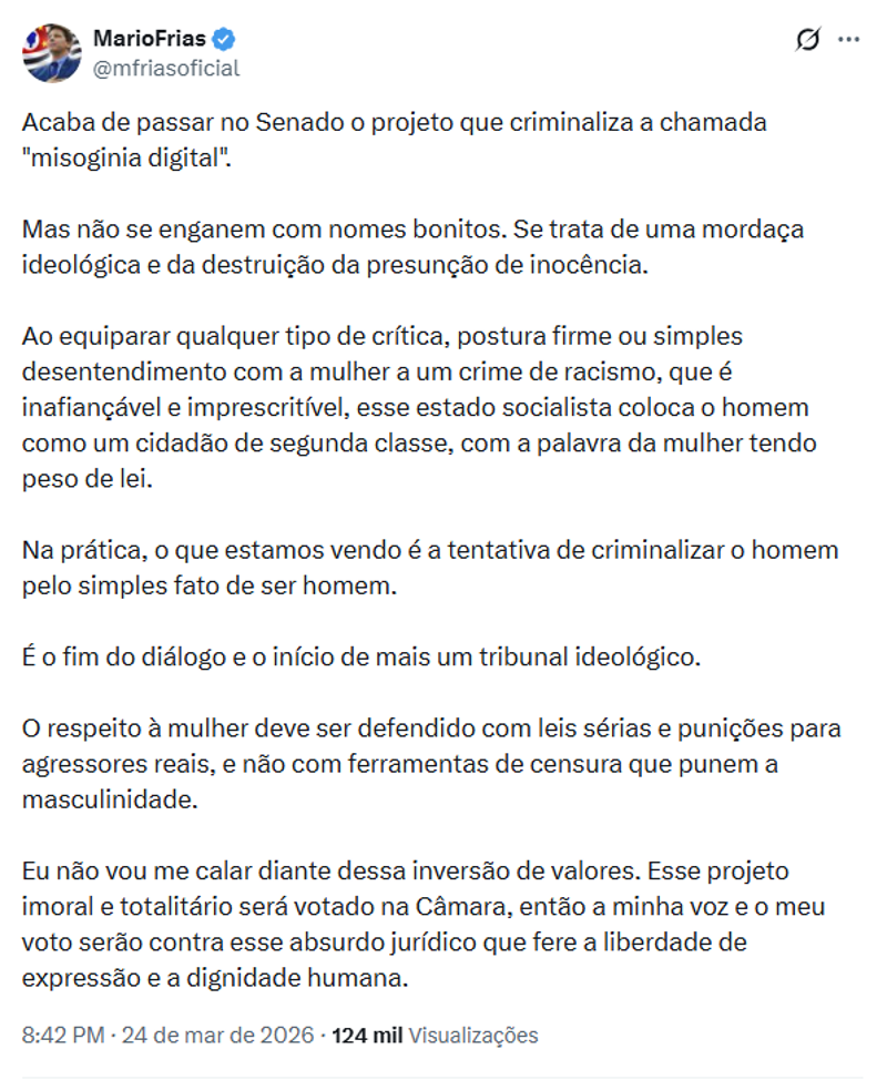 Postagem do deputado Mario Frias.