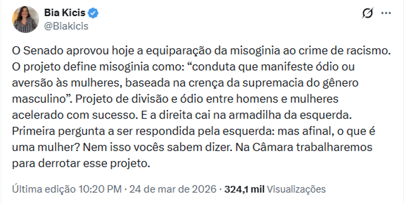 Publicação da deputada Bia Kicis.