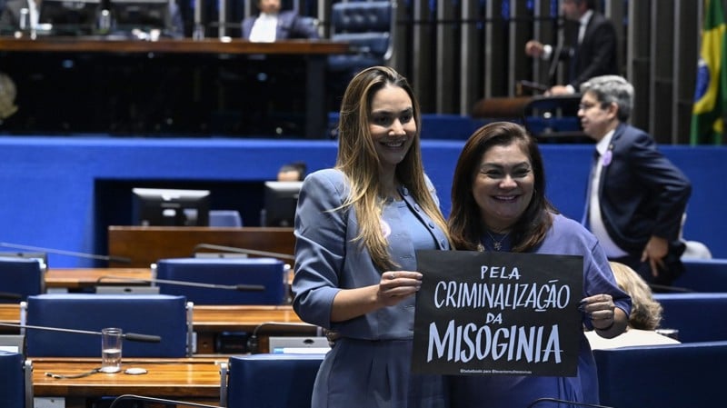 Autora do texto, senadora Ana Paula Lobato posa com cartaz contra a misoginia. 