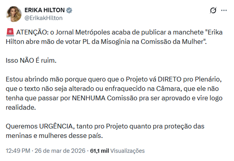 Publicação da deputada Erika Hilton.
