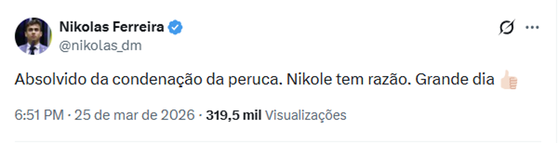 Publicação do deputado Nikolas Ferreira.