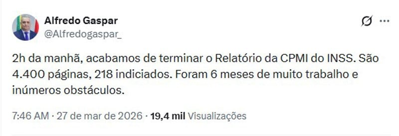 Publicação do deputado Alfredo Gaspar.