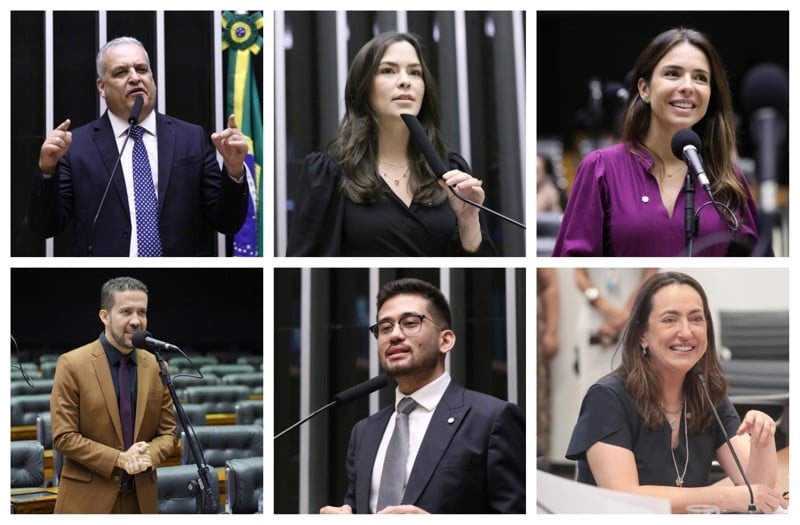 Da esquerda para a direita: Alfredo Gaspar, Maria Arraes, Any Ortiz, André Janones, Kim Kataguiri e Rosângela Moro. Os seis trocaram de legenda nas últimas semanas.