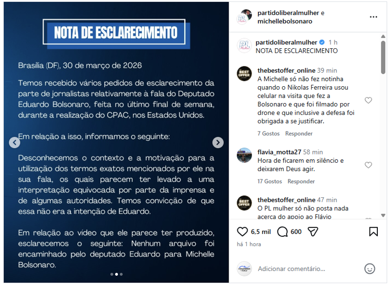 Nota da ex-primeira-dama Michelle Bolsonaro.
