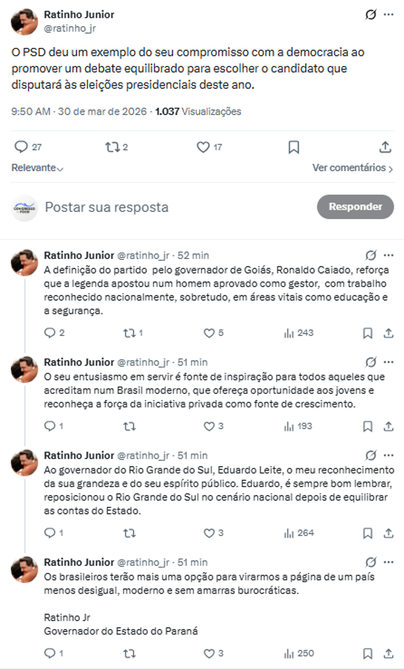 Ratinho Júnior cumprimentou Caiado pelas redes sociais, horas antes do anúncio oficial da escolha do PSD sobre candidato a presidente.