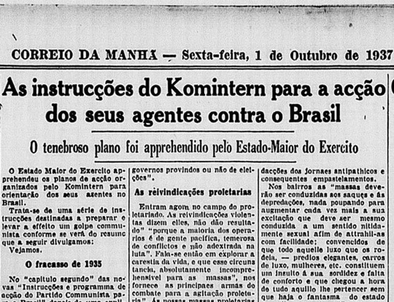 Correio da Manhã (1º de outubro de 1937) repercute o Plano Cohen e ajuda a espalhar o clima de ameaça no país.