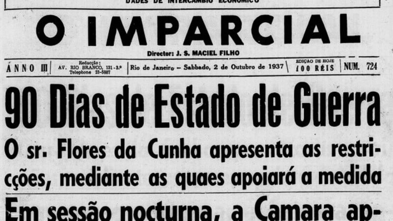 O Imparcial (2 de outubro de 1937) noticia a aprovação do estado de guerra, medida que abriu caminho para o Estado Novo
