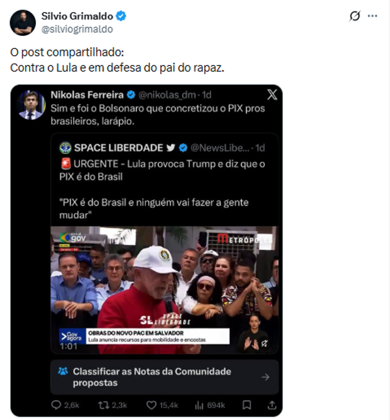 Postagem de Nikolas sobre o perfil Space Liberdade.