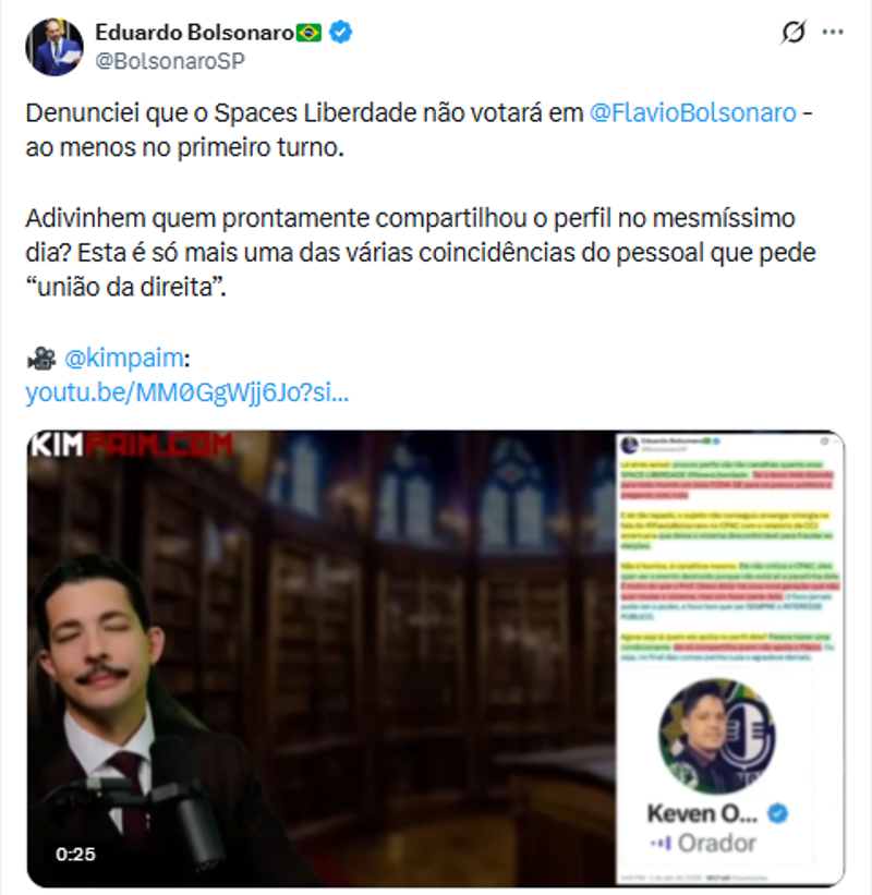 Postagem de Eduardo Bolsonaro.
