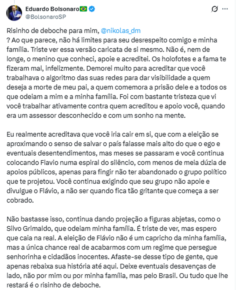Resposta de Eduardo Bolsonaro a Nikolas Ferreira.